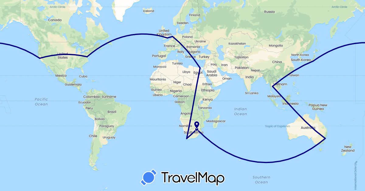 TravelMap itinerary: driving in Australia, Egypt, United Kingdom, Japan, Netherlands, Thailand, United States, South Africa (Africa, Asia, Europe, North America, Oceania)